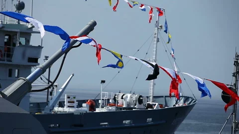 Warship with  flags Stock Footage 128054790