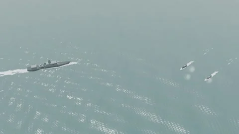 Warship gunfire on fast attack boats hormuz aerial white heat noon loop 库存影片 343850473