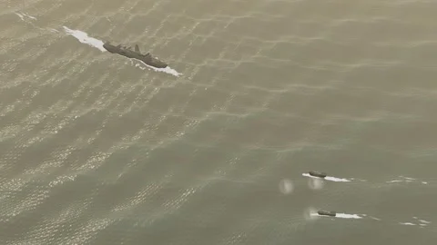 Warship gunfire on fast attack boats hormuz aerial shamal dust haze sea loop 库存影片 343850603