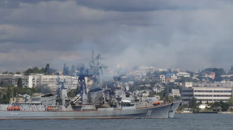 Warship in the harbor Stock Footage 30551796