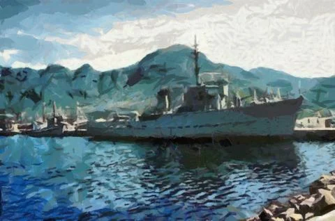 Warship in harbor Stock Illustration