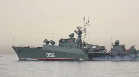 Warship on maneuvers in the Sea Stock Footage 40400477