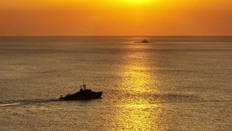 Warship passing Bugio in Lisbon 2 Stock Footage 188898888