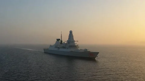 Warship underway in mist in the morning. Royal Navy daring class destroyer Stock Footage