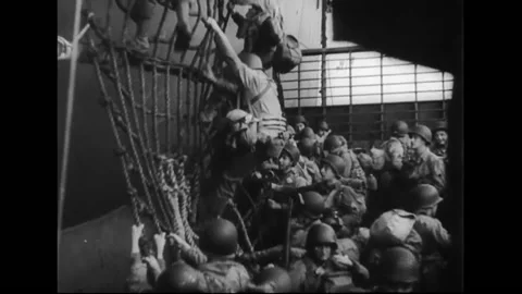 Warships Attack While Troops Board Landing Boats During The Normandy Invasion Vídeos de archivo 168146681
