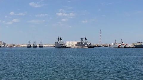 Warships in Harbor Stock Footage 138742097