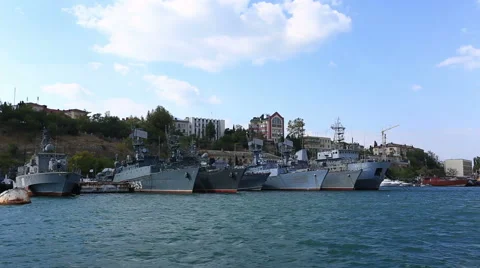Warships of Russian Navy Natya-class minesweepers on waterfront of city. Stock Footage 45989112
