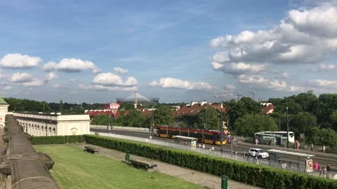 Warszawa, Poland, A train traveling down train tracks near a building Video stock 134262953
