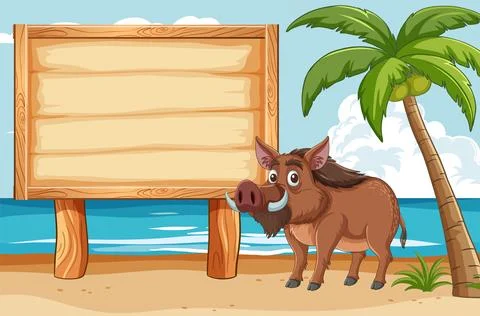 Warthog by Beach Signboard Stock Illustration
