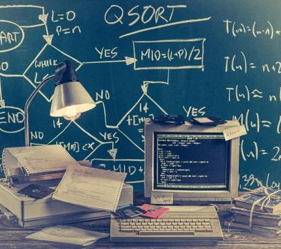 This was ages ago, computer lab on green chalkboard background Foto stock