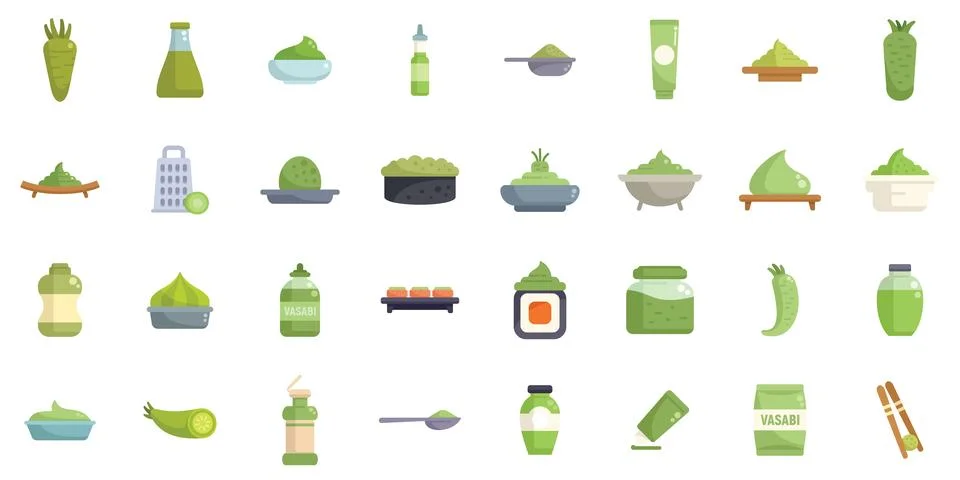 Wasabi icons set flat vector. Asia bowl Stock Illustration