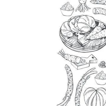 Wasabi, root and leaves.  Vector background. Stock Illustration