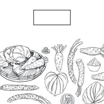 Wasabi, root and leaves.  Vector background. Illustrazione stock