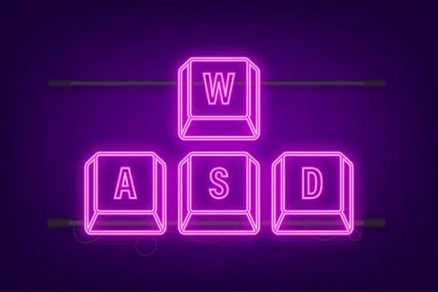 WASD computer keyboard neon buttons. Desktop interface. Web icon. Gaming and Stock Illustration
