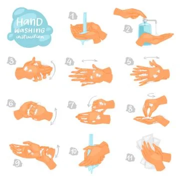 Wash hands vector instructions of washing or cleaning hands with soap and foam Stock Illustration