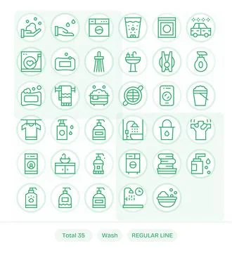 Wash Vector Icon Set with 35 Regular Line 256x256 Pixel Aligned Graphics Stock Illustration