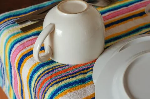 Washed dishes on the kitchen table. Stock Photos