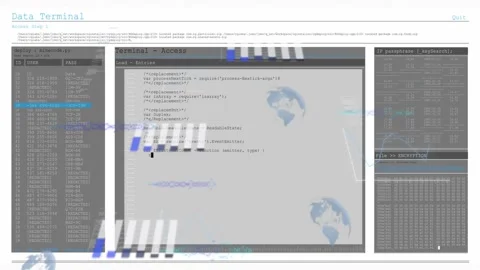 Washed frame resolving into terminal UI, center editor filling code, panels 動画素材 329931327