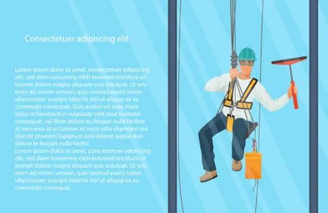 Washer wash the windows of modern skyscraper. Vector Profesional worker cleaning Ilustración de archivo