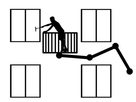 Washer worker washing windows of skyscraper building silhouette Ilustración de archivo