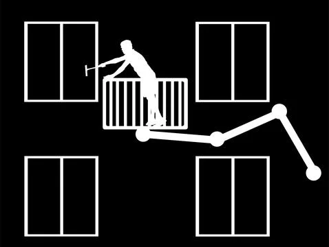 Washer worker washing windows of skyscraper building silhouette Ilustración de archivo