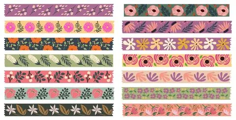 Washi tapes flowers vector set isolated on white. Stock Illustration