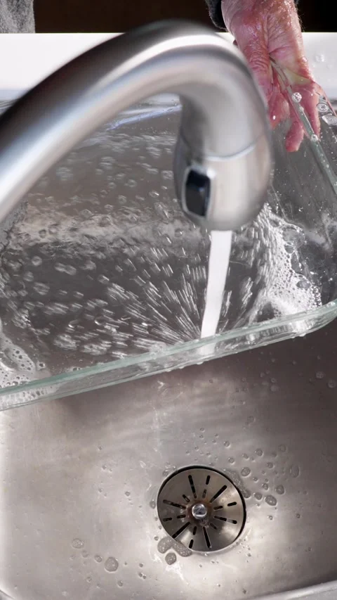 Washing baking dish in kitchen sink slow motion vertical video Stock Footage 289926405