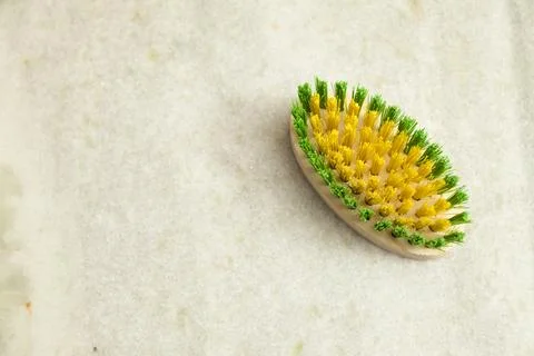 Washing brush on the marble laundry table. Brush used for washing clothes, ac Fotos Stock