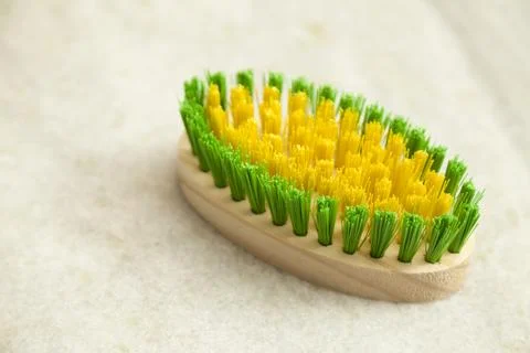 Washing brush on the marble laundry table. Brush used for washing clothes, ac Fotos Stock