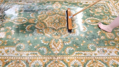 Washing carpets with a brush with detergents in the yard Stock Footage 247437536