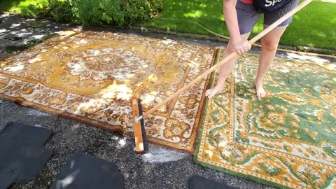 Washing carpets with a brush with detergents in the yard Stock Footage 247437564