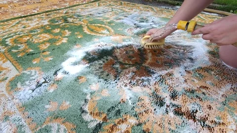 Washing carpets with a brush with detergents in the yard Stock Footage 247437568