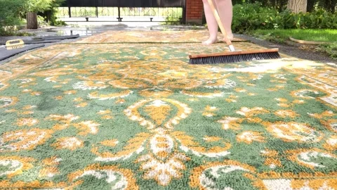 Washing carpets with a brush with detergents in the yard Stock Footage 247437573