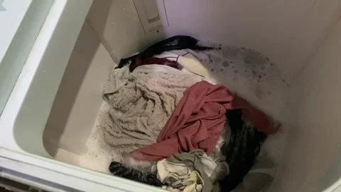 Washing clothes process inside top load washing machine Stock Footage 307111153