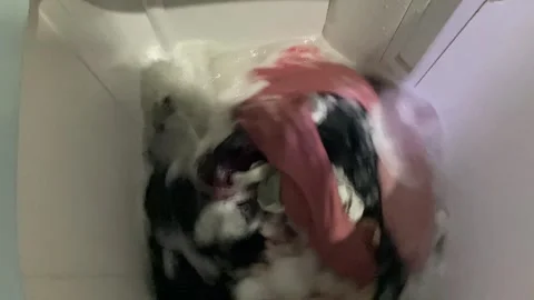 Washing clothes process inside top load washing machine Stock Footage 307111730