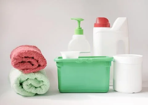 Washing detergents in different forms. laundry concept. 写真素材