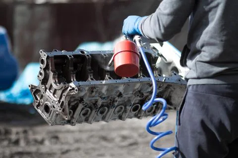 Washing the engine block. Disassembled engine from the car Fotos Stock