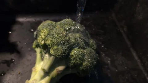 Washing fresh broccoli under running water to remove dirt and pesticides Stock Footage 288467477