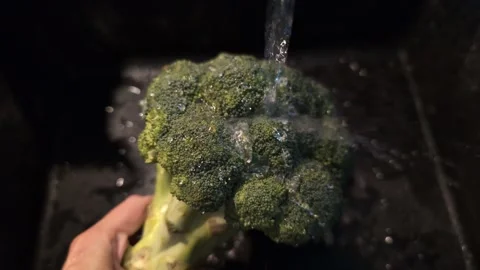 Washing fresh broccoli under running water to remove dirt and pesticides Video stock 288467618