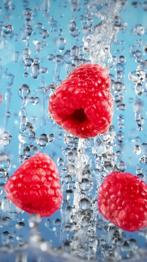 Washing fresh raspberries splashed by clean water falling down Stock Footage 255679338