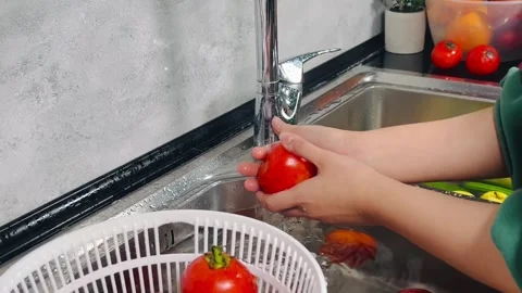 Washing Fresh Red Tomatoes in Kitchen Sink, Hand Rinsing Organic Vegetables, Stock Footage 338157951