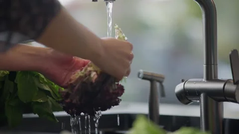 Washing fresh vegetables in a kitchen sink Stock Footage 336466206