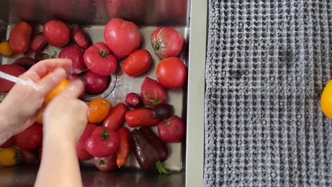 Washing Fresh Vegetables in Kitchen Sink Stock-Footage 343864786
