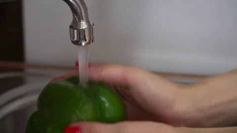 Washing a green pepper Stock Footage 79688499