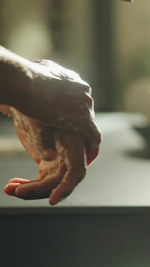 Washing, hands and man with sink, soap and water for hygiene, wellness and germ Stock Footage 340781692