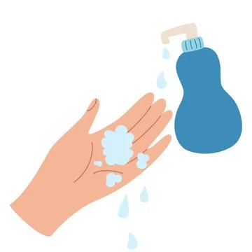Washing hands with soap. Hand draw hands with water bubbles and sanitizer. Hy Stock Illustration