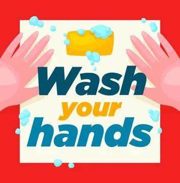 Washing hands with soap, two hands with water and lettering concept healthy 스톡 일러스트