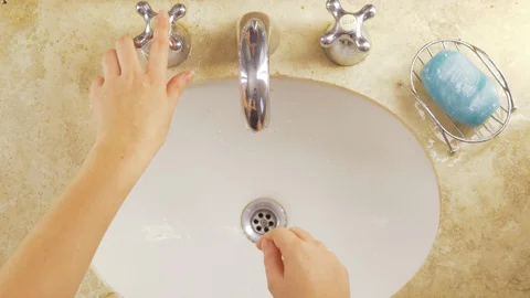 Washing Hands Upper View Sink Woman wash hands Prevent Corona Virus COVID 19 POV Stock Footage 129478030
