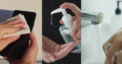 Washing hands, using hand sanitizer and cleaning and disinfection of phone for Stock Footage 137278148