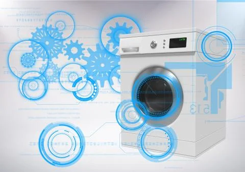 Washing machine against grey background with technology interface Stock Illustration